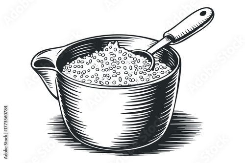 Measuring cup filled with granular ingredient and spoon