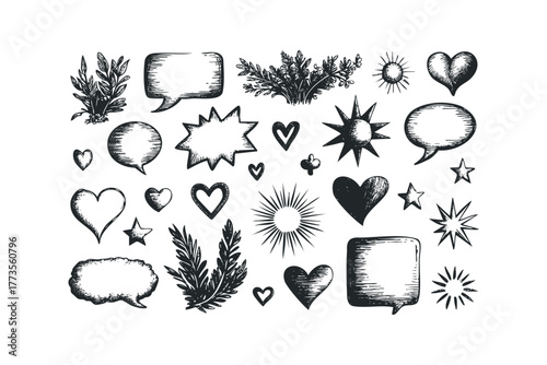 Collection of Hand Drawn Sketch Elements Hearts Stars And Speech Bubbles