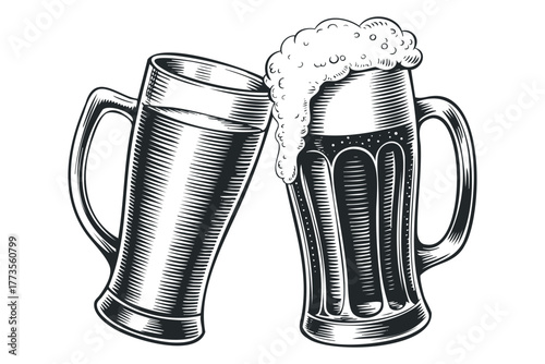 Two beer mugs clinking with frothy heads