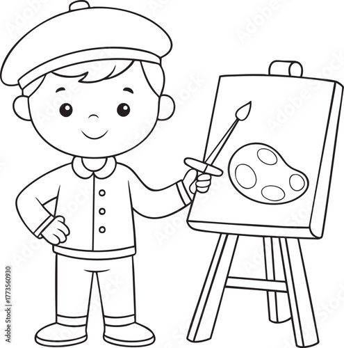 Cute cartoon painter kid holding brush and palette ready to paint on easel