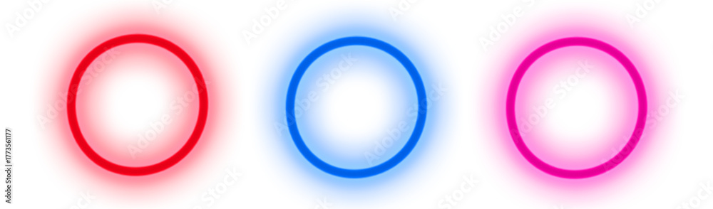 Obraz premium Neon circle collection. Futuristic neon lights. Red, blue, pink glowing frames. Shiny light effects. Transparent background. Design elements for digital art, posters, and graphics. png