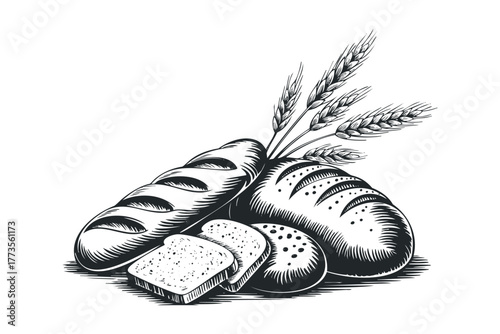 Variety of baked bread loaves and slices with wheat stalks
