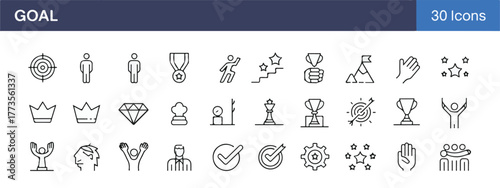 Business success icon set, line style, linear symbols for strategy, goals, target, process, focus, action plan, human resource, winner, achievement, editable stroke.