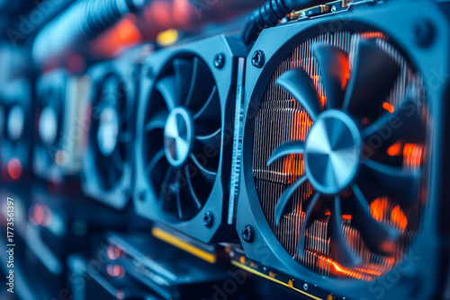 Powerful crypto mining farm with hundreds of graphics cards and neon lights for cryptocurrency blockchain data center generative ai