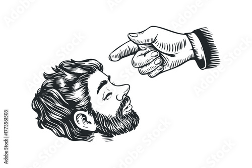 Hand pointing at man's face with beard