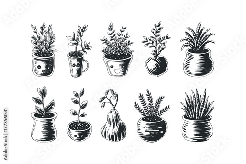 Collection of Sketchy Potted Plants with Cartoon Faces