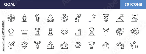 Business success icon set, line style, linear symbols for strategy, goals, target, process, focus, action plan, human resource, winner, achievement, editable stroke.