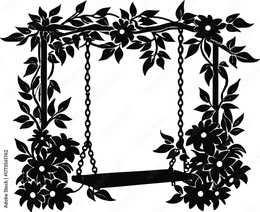 Fototapeta premium Flower Vines Over Wooden Swing Silhouette | Garden Swing Covered In Vines Silhouette