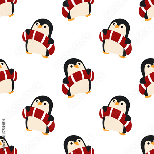 A seamless pattern with a cute penguin holding a red lifebuoy