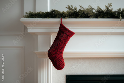 Red knit christmas stocking on white mantel with soft fireplace glow