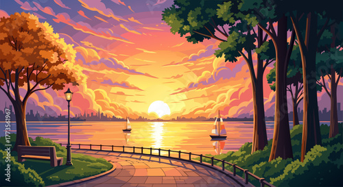 Serene Sunset Landscape Colorful Sky Over Lake with Sailboats and Trees, Tranquil Nature Scene