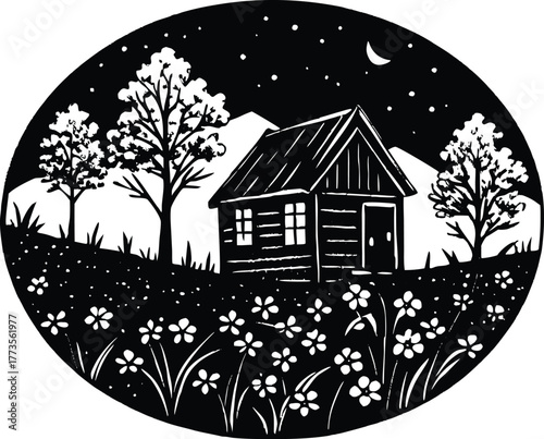 Meadow Blossoms With Wooden Cabin Silhouette | Rustic Cabin In Blooming Meadow Silhouette