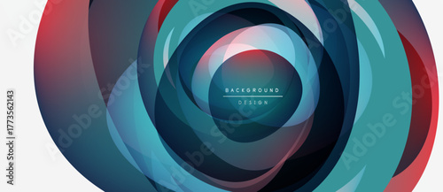 Abstract colorful layers create dynamic circular design. Gradient shades blend, forming modern visual effect. Minimalist style.