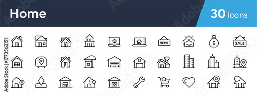 House and real estate web icon set in clean line style. Includes home, building, property, key, buy, sell, rent, mortgage, address. Editable stroke.