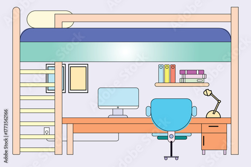 Illustration of a dorm room with a loft bed, desk, computer, chair, bookshelf, and other furniture items