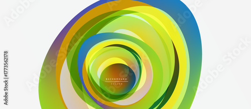 Abstract colorful layers create swirling circular design. Vibrant gradients blend, forming dynamic visual effect. Modern background element.