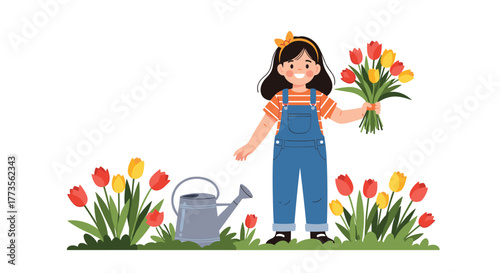 A cheerful young girl in gardening overalls smiles while holding a vibrant bouquet of red and yellow tulips, standing in a blooming spring garden with a watering can.