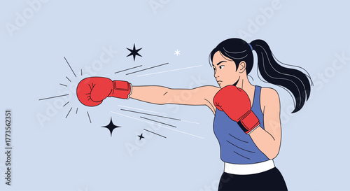 A determined young woman in boxing gloves throws a powerful punch, depicted in a modern illustration style with motion lines and sparkles, conveying strength and fitness.