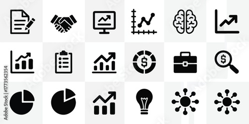 Minimalist black and white business analytics icons in 4x5 grid, including graphs, charts, growth, data, finance, strategy, and professional visualization elements.