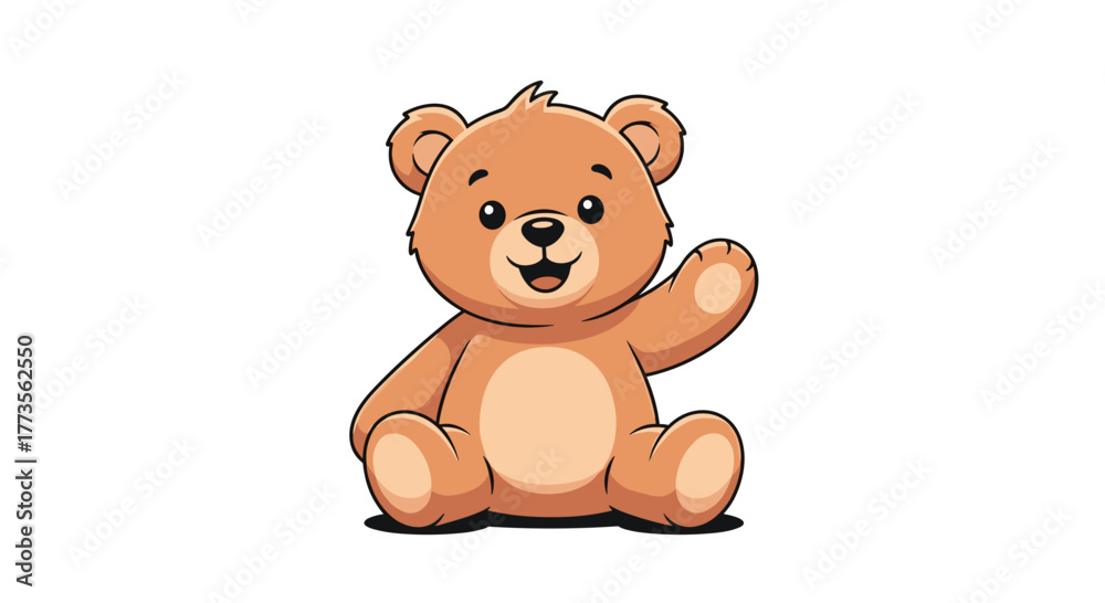 Fototapeta premium A cheerful, cute cartoon teddy bear with warm brown fur sits happily and waves a friendly greeting, exuding a welcoming and playful charm on a white background.