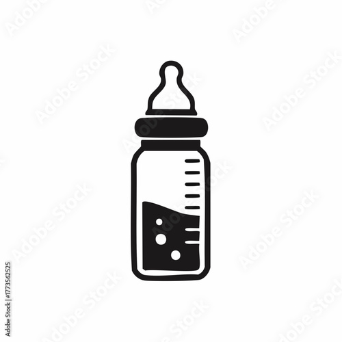 A minimalist black and white illustration of a baby bottle icon design