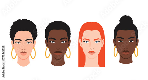 Four diverse women's portraits, each with unique features, hairstyles, and skin tones, wearing hoop earrings and displaying serious expressions.