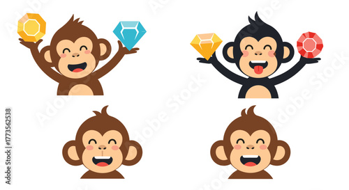 Cheerful cartoon monkeys featuring happy expressions, with two holding colorful shining gems like diamonds and rubies, perfect for game assets or playful themes.