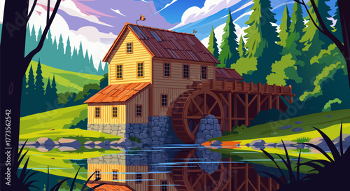 Picturesque Mill House Beside Serene River Surrounded by Verdant Forest