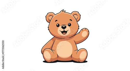 A cheerful, cute cartoon teddy bear with warm brown fur sits happily and waves a friendly greeting, exuding a welcoming and playful charm on a white background.
