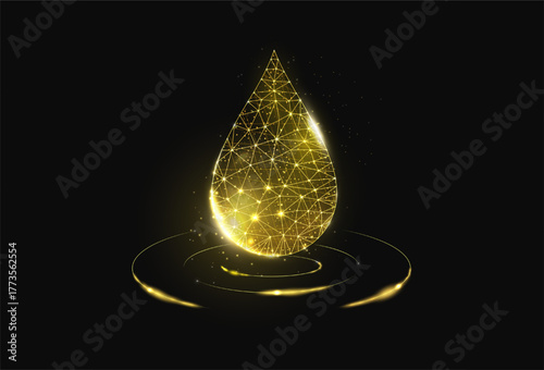 Oil droplet. Low poly style design. Futuristic modern abstract background. Isolated on dark background.  Wireframe drop light connection structure, 3d polygonal graphic concept. Vector illustration.