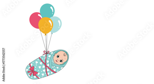 Adorable newborn baby, wrapped in a heart-patterned swaddle with a pink bow, gently floats, carried by a colorful cluster of balloons, symbolizing a joyous new arrival.