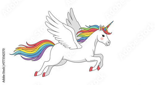 A whimsical white alicorn with a vibrant rainbow mane and tail gallops gracefully, its wings spread wide against a clean white background.