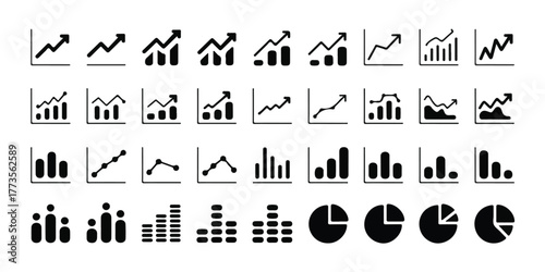 Minimalist black and white business analytics icons, line graphs, bar charts, pie charts, data visualization symbols, clean geometric style, organized layout, white background, professional design.