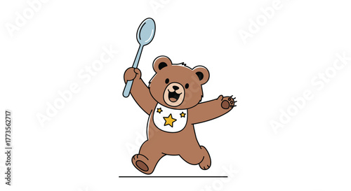 This adorable brown baby bear, wearing a cute star bib, excitedly holds up a light blue spoon, appearing ready to enjoy a delicious meal or playful eating adventure.