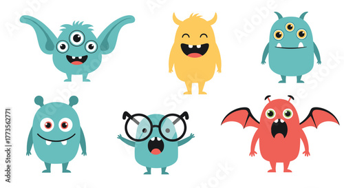A collection of cute and friendly cartoon monsters with various designs, colors, and expressions, perfect for children's illustrations and playful themes.