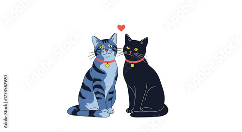 A blue striped tabby cat and a black cat sit closely, both wearing red collars, with a heart floating above them, symbolizing love and companionship.