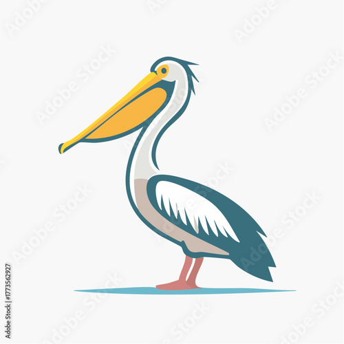 Cartoon pelican illustration with vibrant colors and minimalist design style