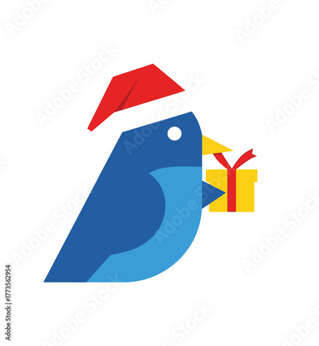 A stylized blue bird wearing a red Santa hat holds a yellow gift box in its beak.