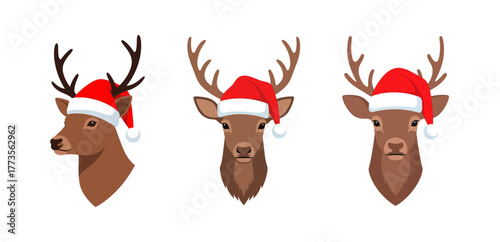 Three cartoon reindeer heads wearing Santa hats, isolated on a white background.
