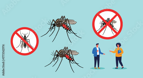 Illustration depicting the importance of mosquito prevention and awareness for public health, featuring people discussing methods to avoid mosquito-borne diseases.