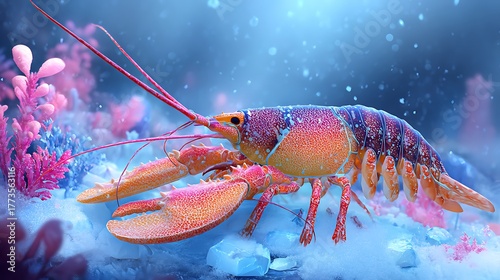 Fototapeta Naklejka Na Ścianę i Meble -  large crayfish on the seabed surrounded by coral reefs
