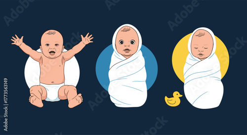 A collection of cute baby illustrations depicting different moods and stages of early infancy, including a happy, alert, and peacefully sleeping newborn, highlighting various aspects of childcare.