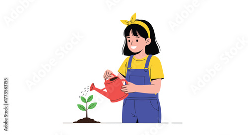 A cheerful young girl in overalls and a yellow headband smiles while carefully watering a small green plant with a red watering can, fostering growth and nature.