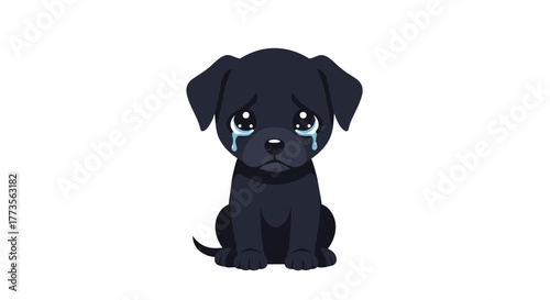 A sad and lonely black puppy sits quietly with tears streaming down its face, looking up with big, watery eyes, seeking comfort and companionship.