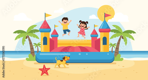 Two cheerful children, a boy and a girl, excitedly jump and play on a vibrant bouncy castle located on a sunny tropical beach with palm trees and a calm ocean.