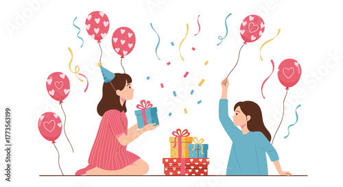 A vibrant illustration of a birthday celebration with two happy friends exchanging presents, surrounded by decorative balloons, colorful confetti, and flowing streamers.
