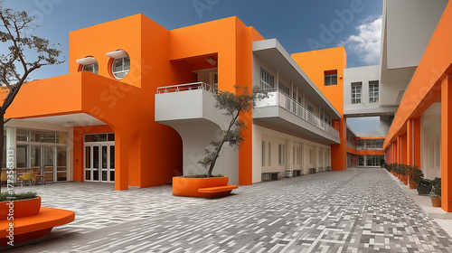 Un établissement scolaire avec une architecture moderne et une atmosphère lumineuse, chaleureuse et colorée