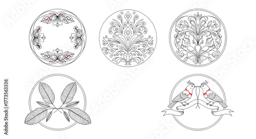A collection of five intricately designed circular line art illustrations featuring floral wreaths, a stylized tree, and a pair of birds, perfect for decorative elements.