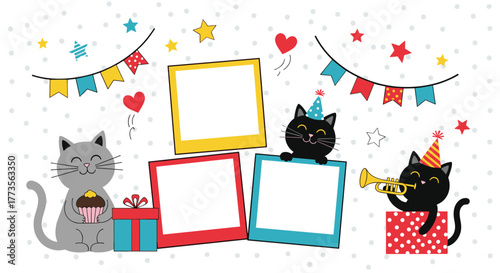 Cute cartoon cats celebrating a birthday party with colorful decorations, gifts, a cupcake, and blank photo frames on a white background with polka dots.