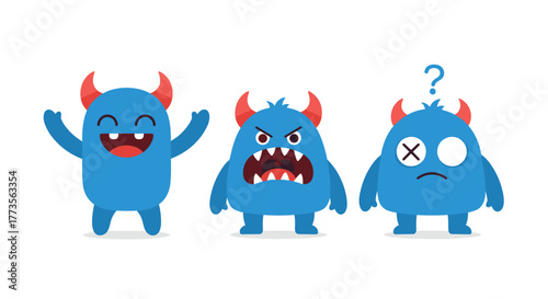 Three distinct blue cartoon monsters with red horns showcase a range of emotions including joy, fury, and perplexity, ideal for illustrating diverse feelings.